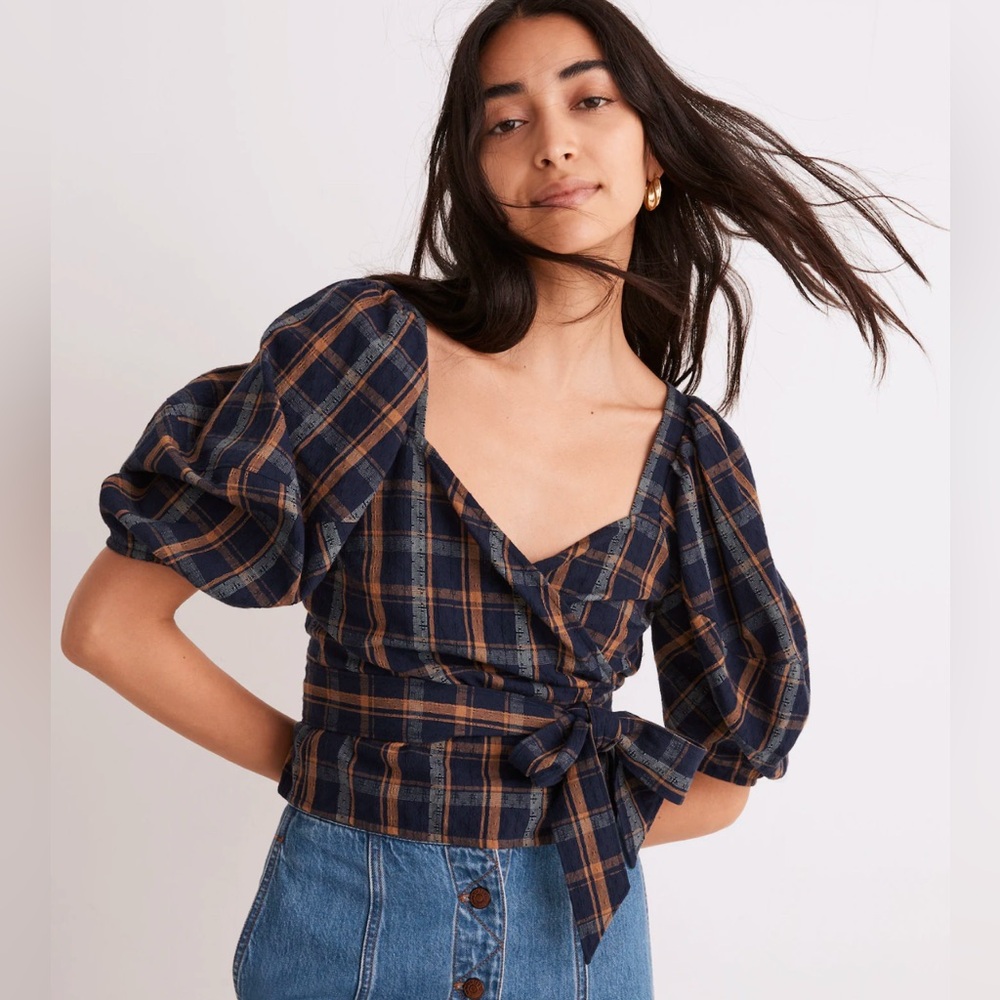 NWOT Madewell Sweetheart Wrap Top in Navy Plaid, XL
